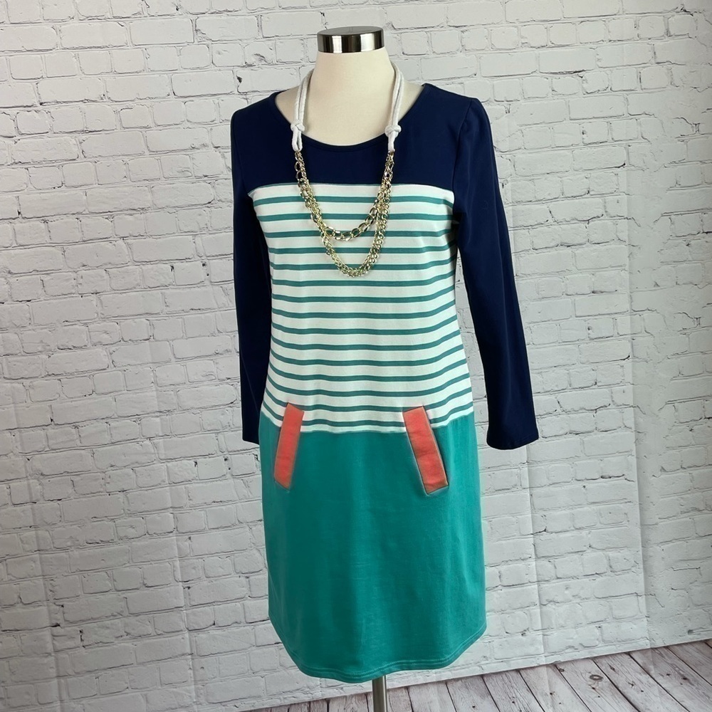 Tracy Negoshian French Terry Striped/Color Block Dress Medium